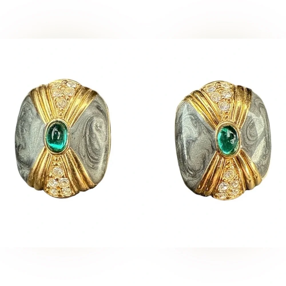 Vintage Kenneth Jay Lane for Avon Green Glass Cabochon Earrings - Picture 2 of 7